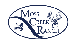 Logo of moss creek ranch featuring an oval design with the name in script, a fish, a hunting dog, and a deer head on a green background.